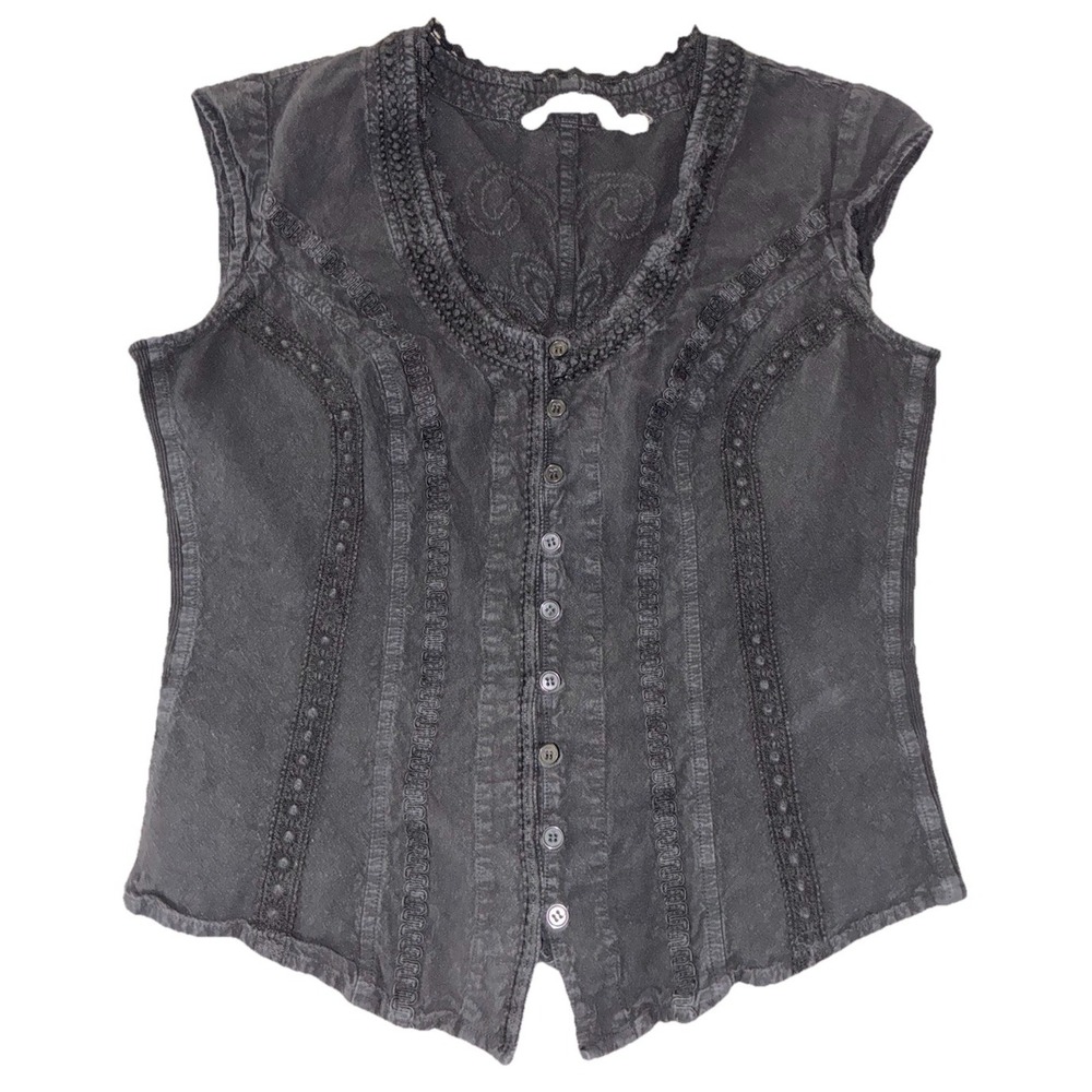 Soft Surroundings Taos Blouse PS Black Cap Sleeve Embroidered Coastal Prairie